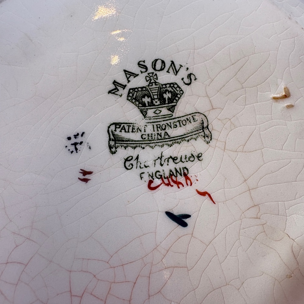 Vintage Ironstone Serving Bowl Green Floral Scalloped Cottagecore - Picture 4 of 5